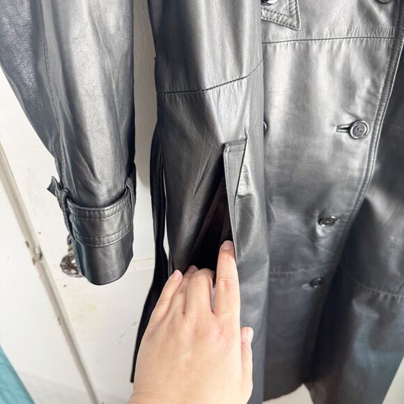 Vintage Etienne Aigner 100% Leather Trenchcoat Long Belted Black Size Medium M - Picture 11 of 16